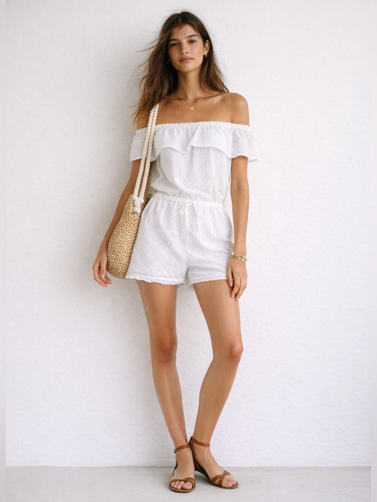 Madewell Cotton White Off Shoulder Swiss Dot Romper